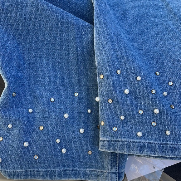 Quacker Factory DreamJeannes Pull-On Slim Leg Pants Pearl Rhinestone Trim SZ MED - Picture 10 of 11